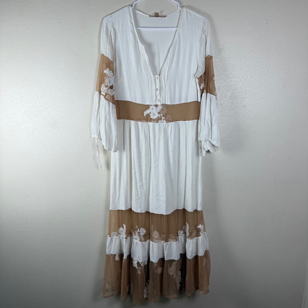 For Love & Lemons White Tan Mesh Embroidered Tiered Maxi Dress Womens Medium